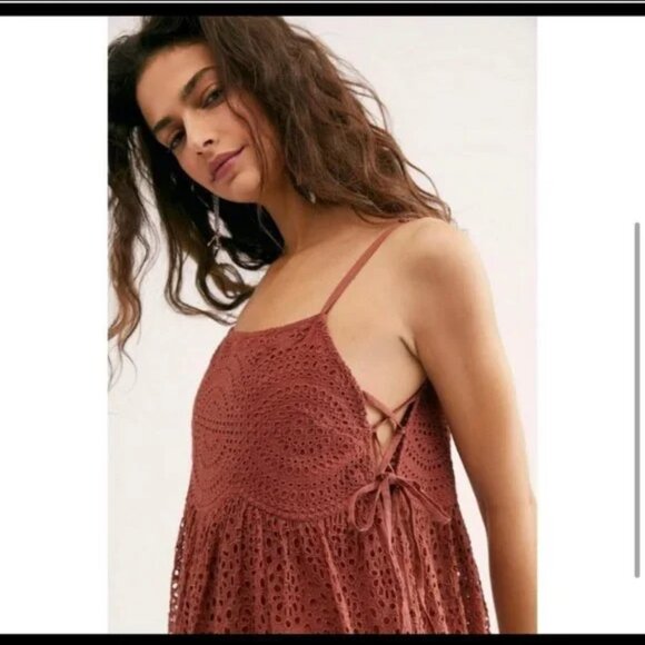 Free People Lily of the Valley Canyon Brown Eyelet Tiered Mini Dress M - Picture 2 of 7